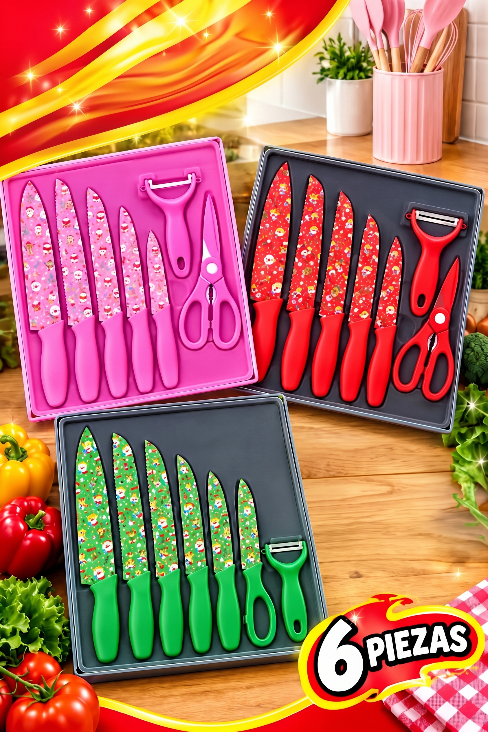 🔪✨ SET DE CUCHILLOS DE COCINA NAVIDEÑOS (6 PIEZAS) ✨🔪